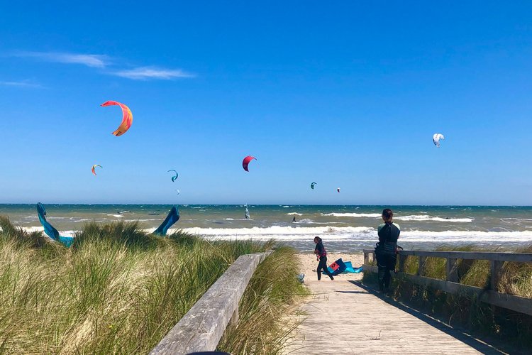 Ein Strand bei Sonnenschein, am Himmel sind viele Segel von Kitesurfern zu sehen